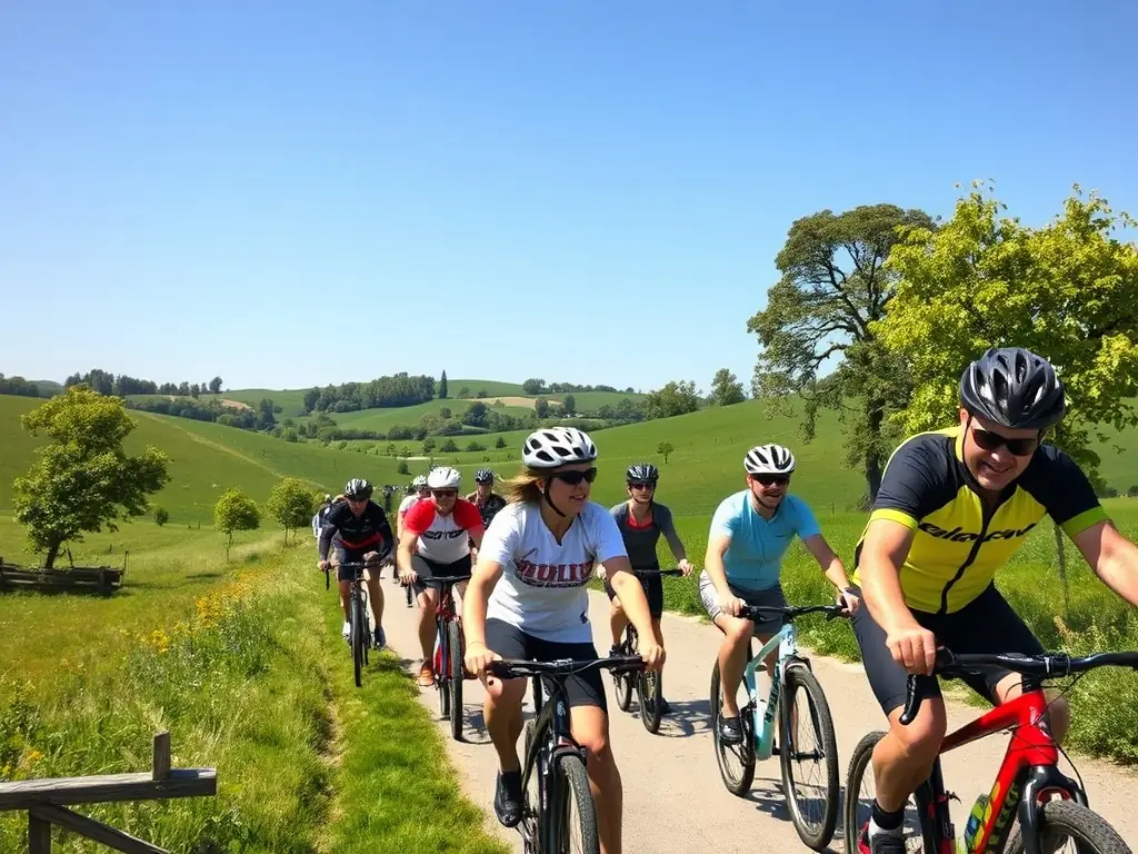 A photograph capturing a group of cyclists of varying ages and backgrounds riding together on a sunny day through the French countryside, showcasing the inclusive and community-oriented nature of AMICALE CYCLOTOURISTE MAURIACOISE.