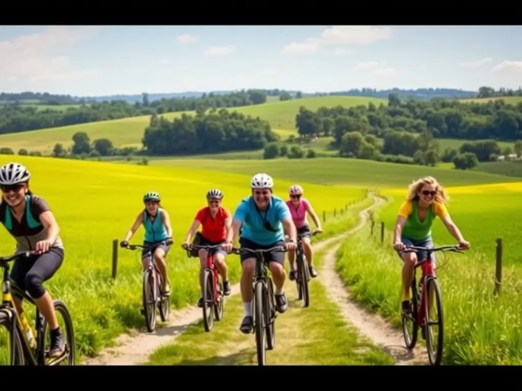 A group of cyclists of varying ages and abilities participating in a guided tour through the French countryside, with lush green fields and rolling hills in the background.