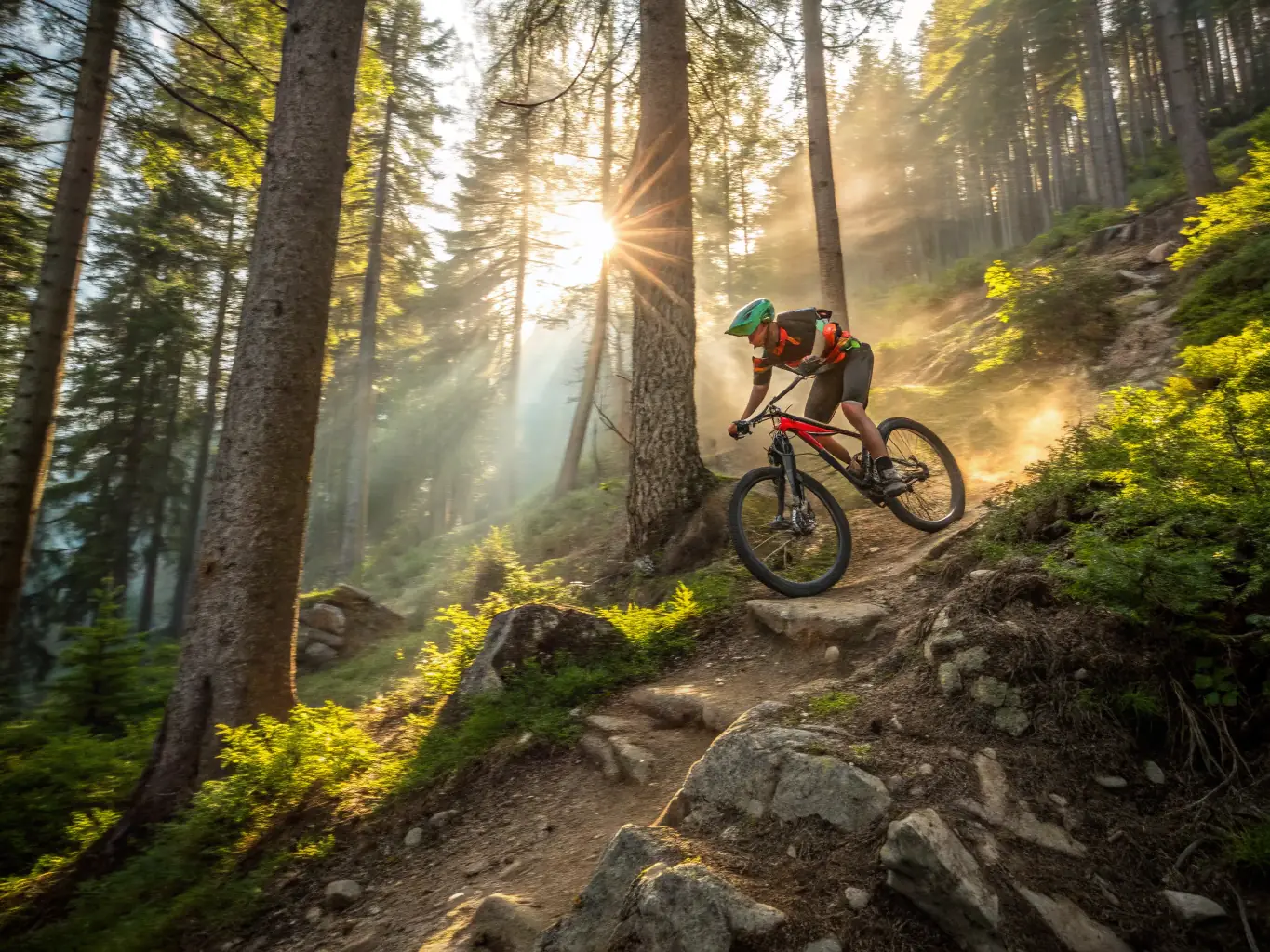 A cyclist participating in a challenging mountain bike tour, navigating a rocky trail with determination and focus. The backdrop features a steep, forested mountainside and a clear blue sky.
