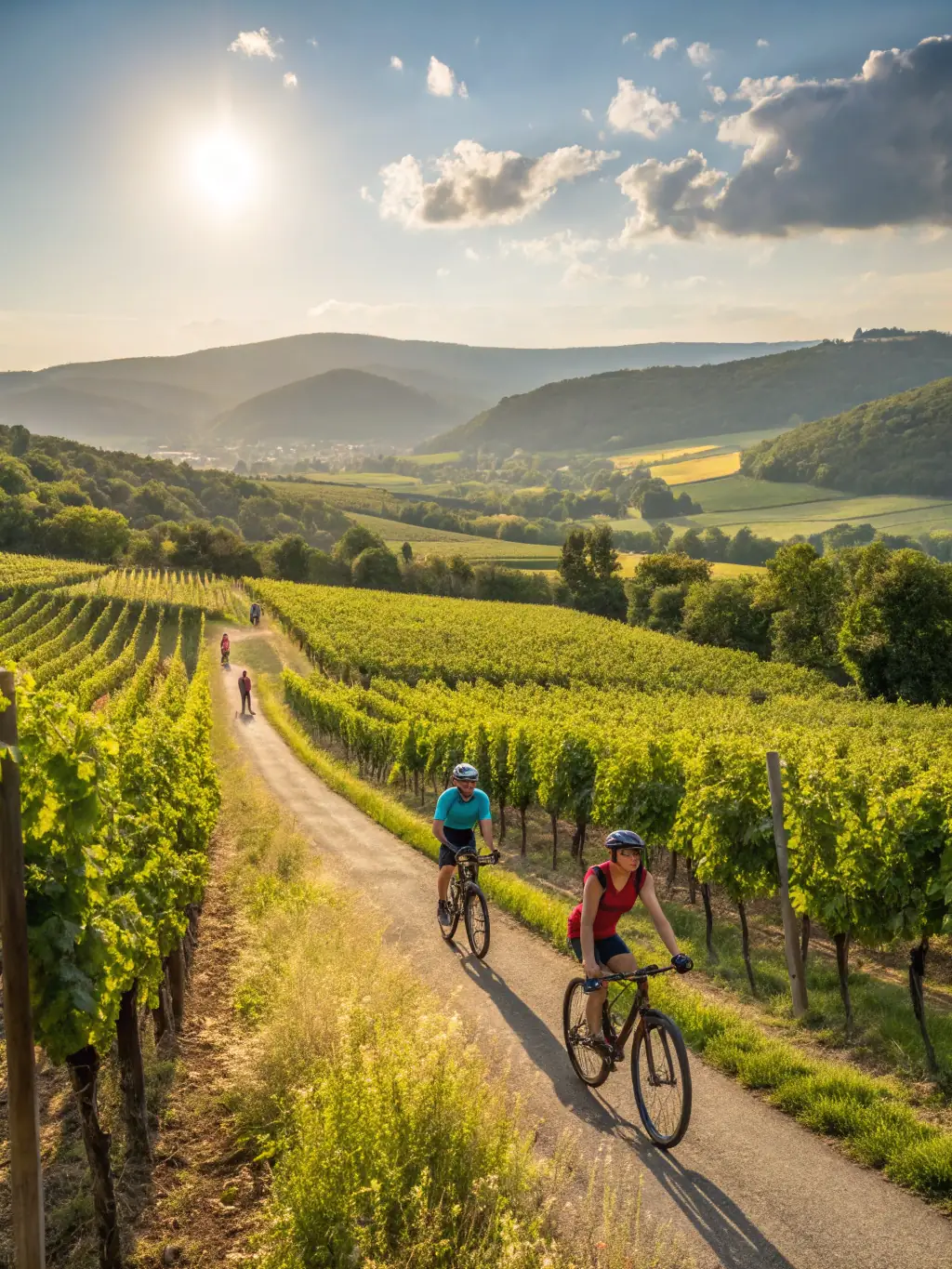 A group of cyclists riding through a sunny countryside landscape, showcasing a community bicycle tour organized by AMICALE CYCLOTOURISTE MAURIACOISE.