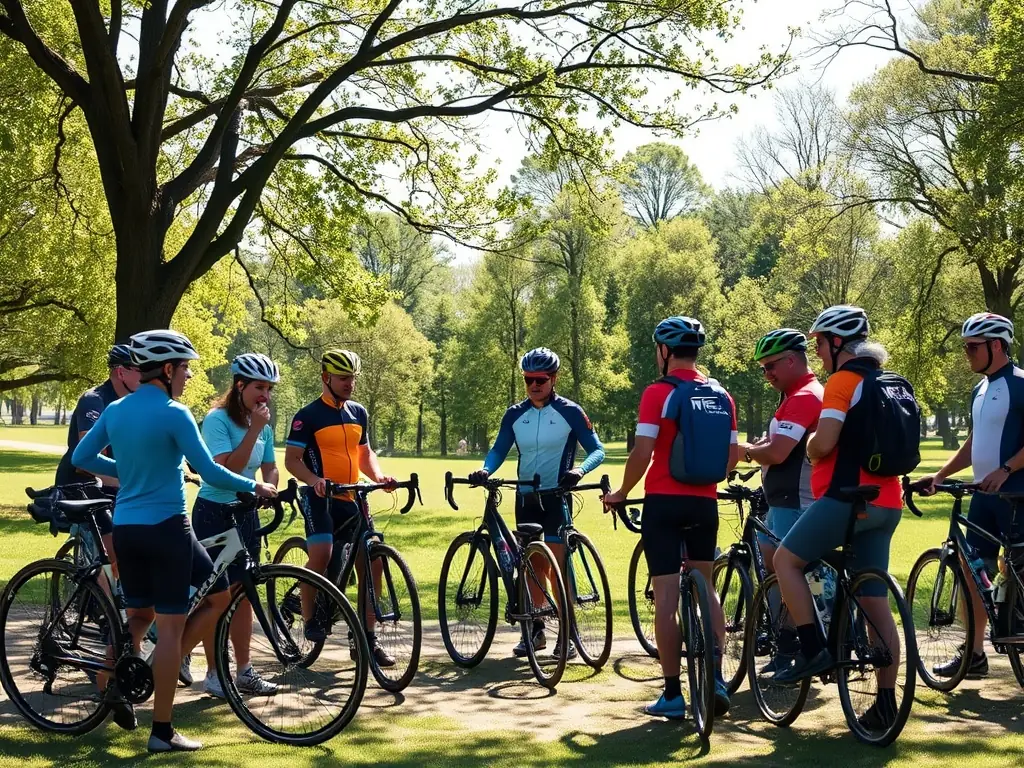 A photograph of a group of cyclists gathered at a local park before embarking on a community ride, with a focus on the camaraderie and excitement of the event.