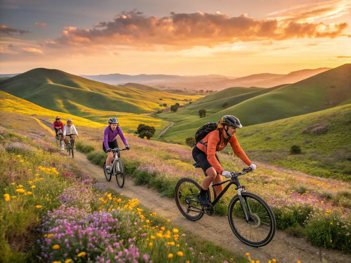 A group of cyclists riding through a scenic countryside, with rolling hills and green fields in the background, under a clear blue sky. The cyclists are wearing colorful jerseys and helmets, and are smiling and enjoying the ride.