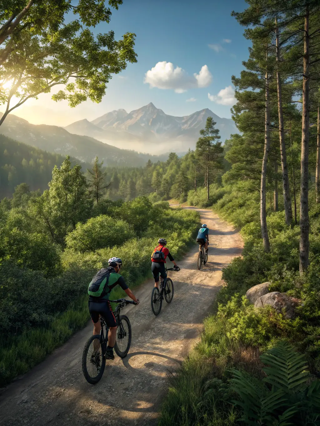 A scenic shot of a group cycling along a designated bike path, highlighting the organization's advocacy for safe cycling infrastructure.