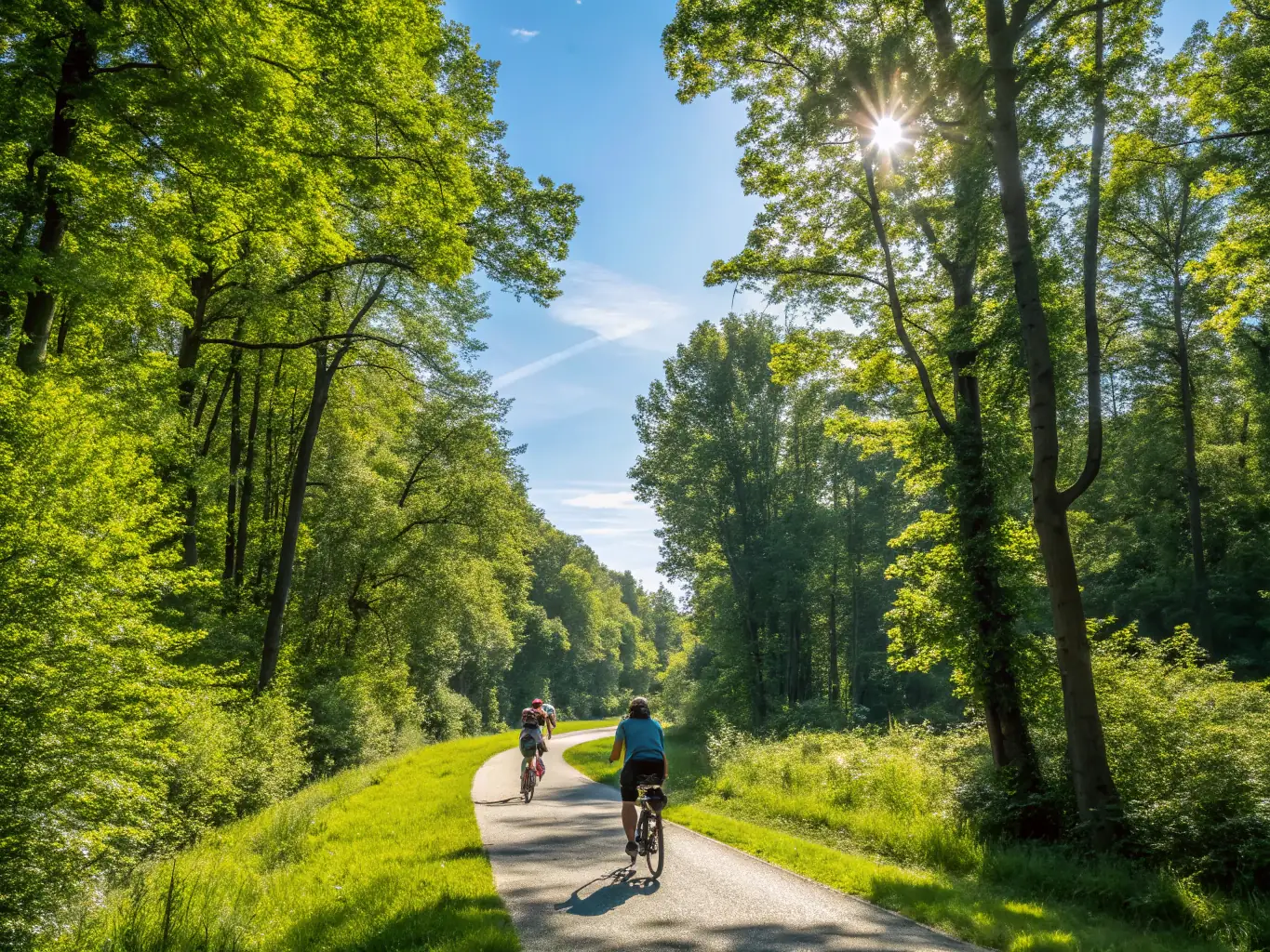 A scenic shot of cyclists riding through a lush, green landscape, emphasizing the environmental benefits of cycling and AMICALE CYCLOTOURISTE MAURIACOISE's dedication to promoting eco-friendly transportation.