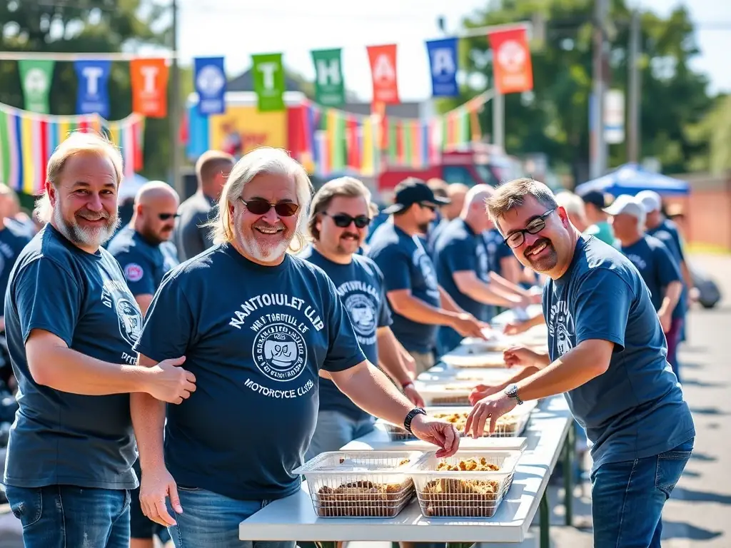 An image depicting members of AMICALE CYCLOTOURISTE MAURIACOISE participating in a community event, such as a local festival or environmental cleanup, highlighting the organization's commitment to social engagement.
