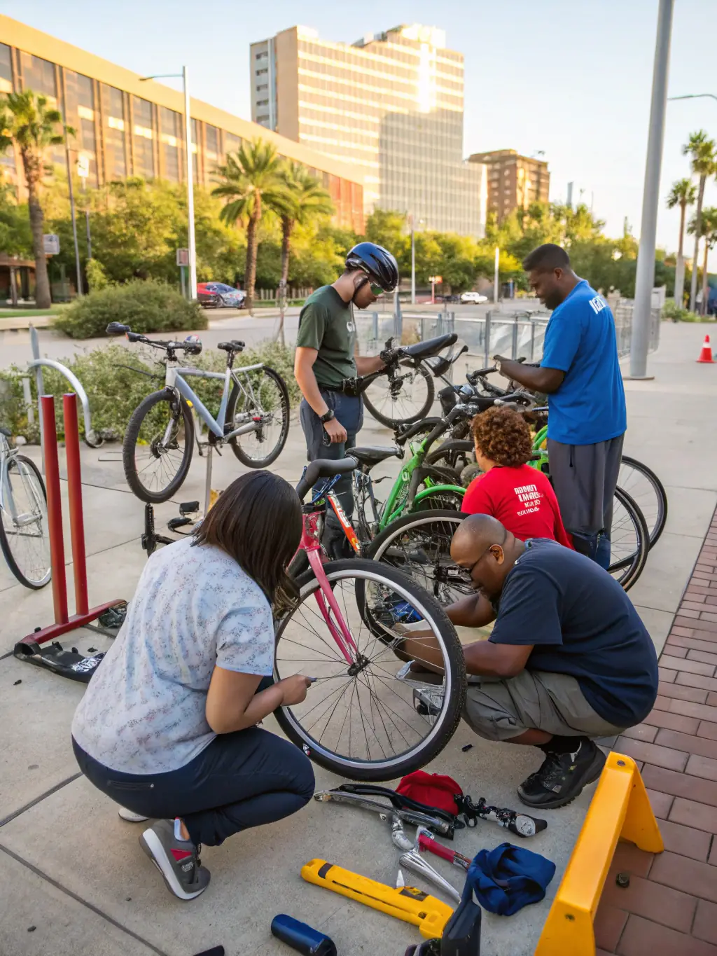 A photo of volunteers repairing bicycles at a local workshop, emphasizing the maintenance and repair program offered by the organization.