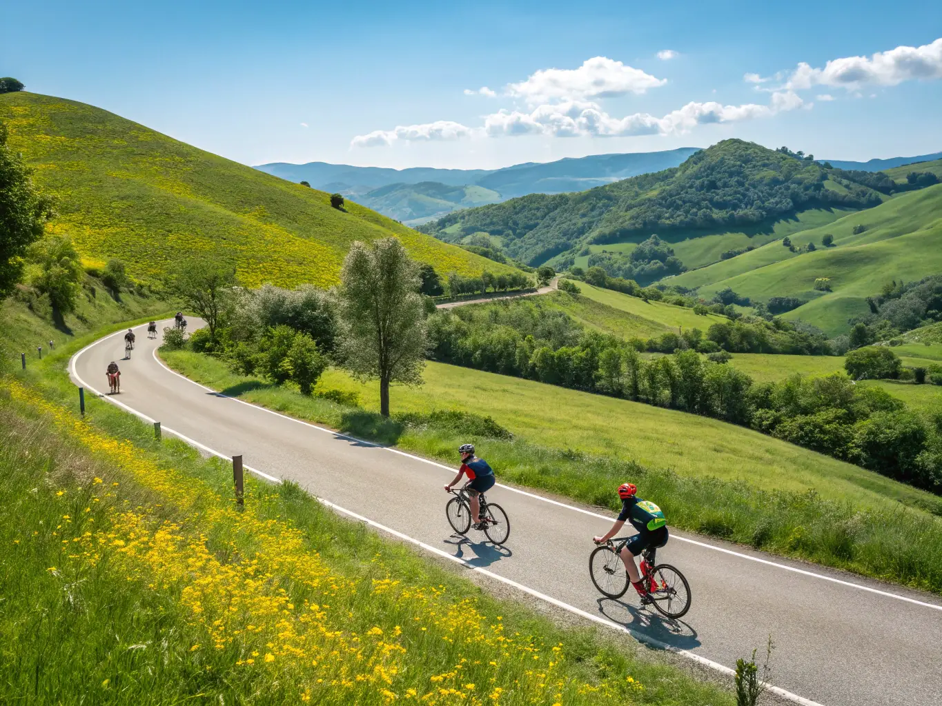 A group of cyclists riding through a sunny, green countryside, showcasing the health and environmental benefits of cycling with AMICALE CYCLOTOURISTE MAURIACOISE.