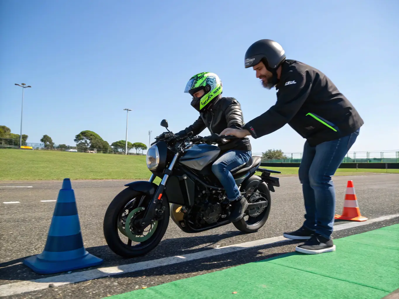 A cyclist wearing a helmet and reflective gear, participating in a cycling safety workshop, with an instructor demonstrating proper hand signals and road awareness.